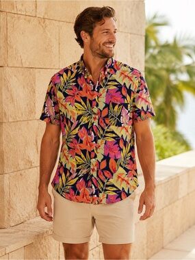 J.Crew Men’s Slim 100% Linen Tropical Floral Hawaiian Shirt Size XL Slim
